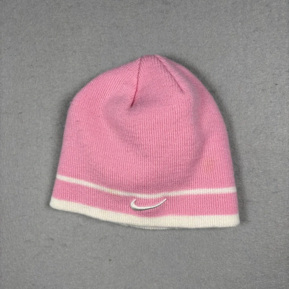Vintage Nike Girls Beanie Pink White Striped Swoosh Knit Winter Hat Youth OS Y2K